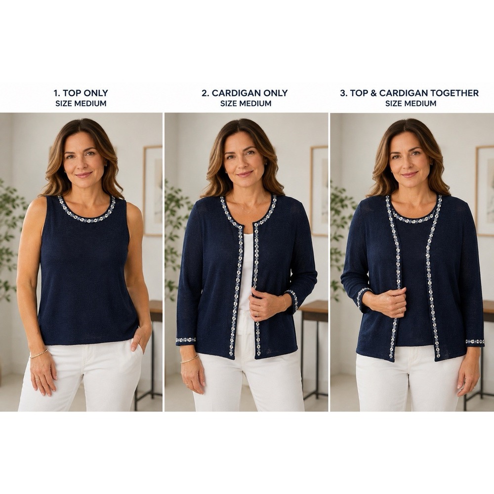 Vintage Jacobson's 2PC Sweater Set M Navy Sequin Cardigan Tank Top -3465